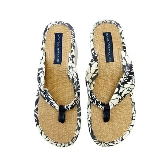 Montego Bay Wedge Sandal Platform Thong White Blue Floral Print Size 7.5 - Picture 3 of 13